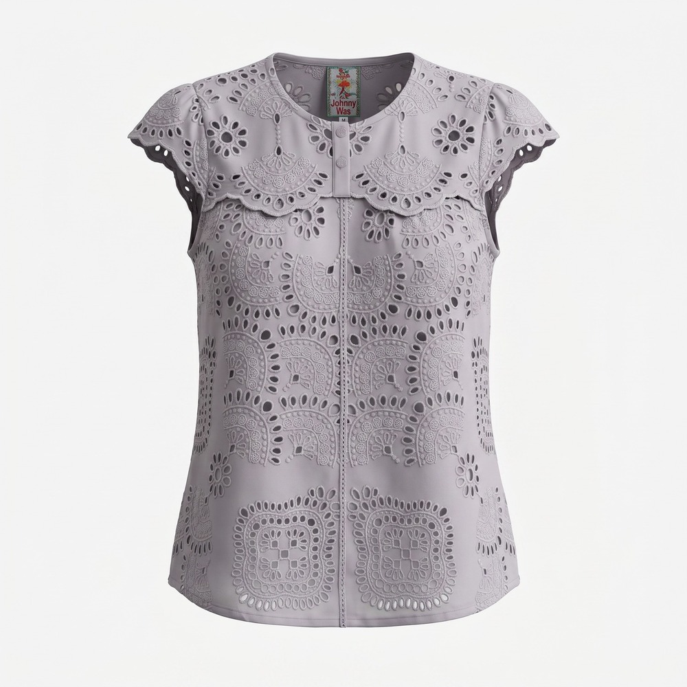 Johnny Was Eyelet Embroidered Blouse Women XL Grey Lace Boho Relaxed Elegant - Picture 2 of 12